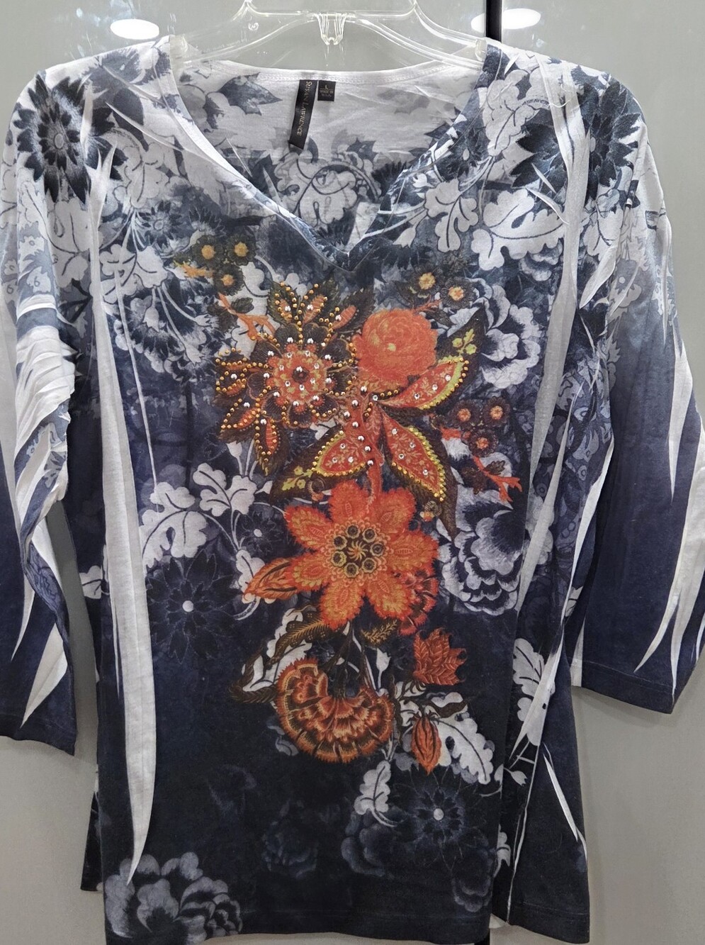 Boho style, 3/4 sleeve rhinestoned top